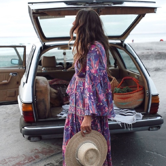 075 Boho Purple Floral Print V neck Cottagecore Dress - Picture 3 of 14